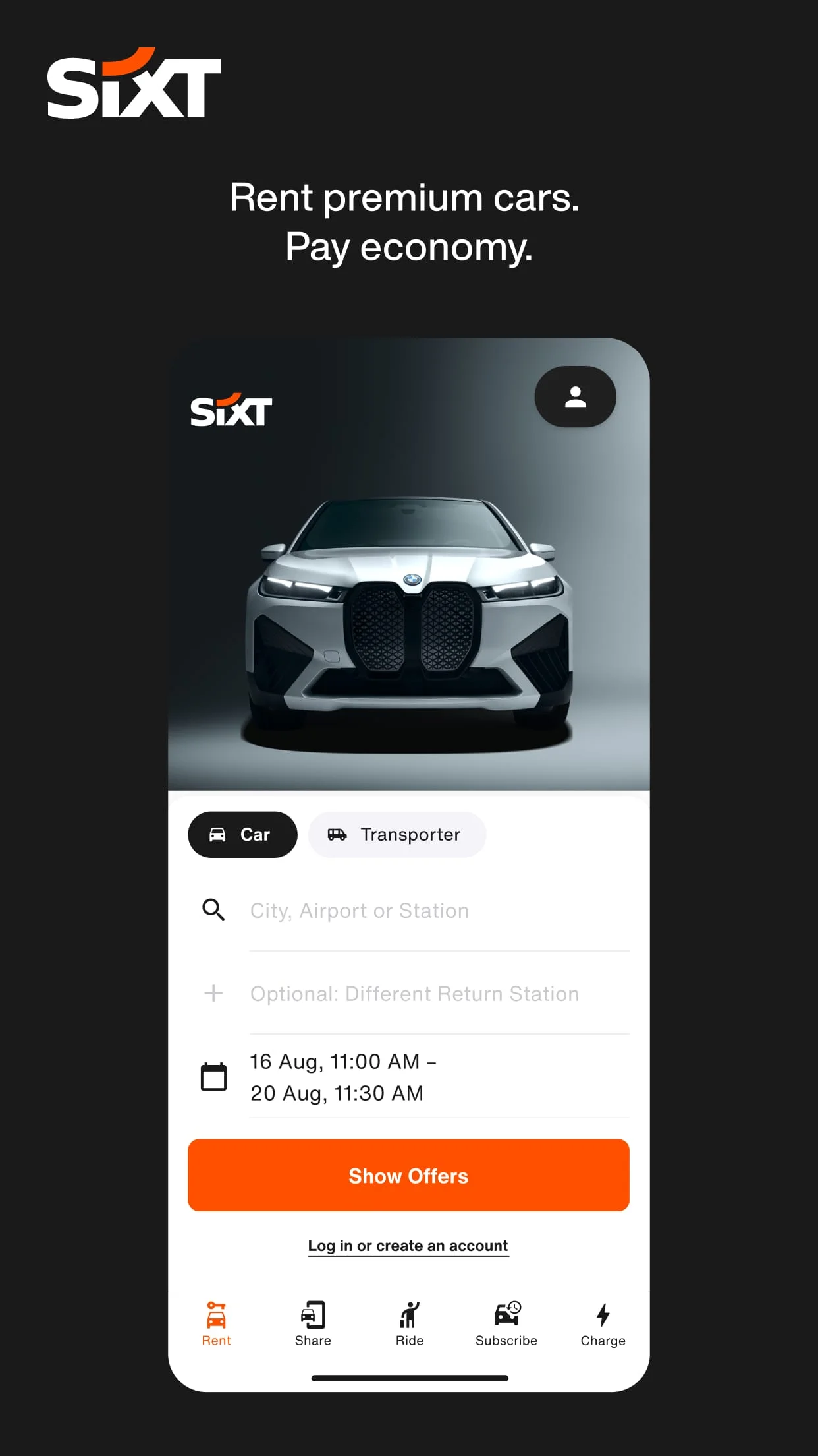 SIXT rent. share. ride. plus. Screenshot 2